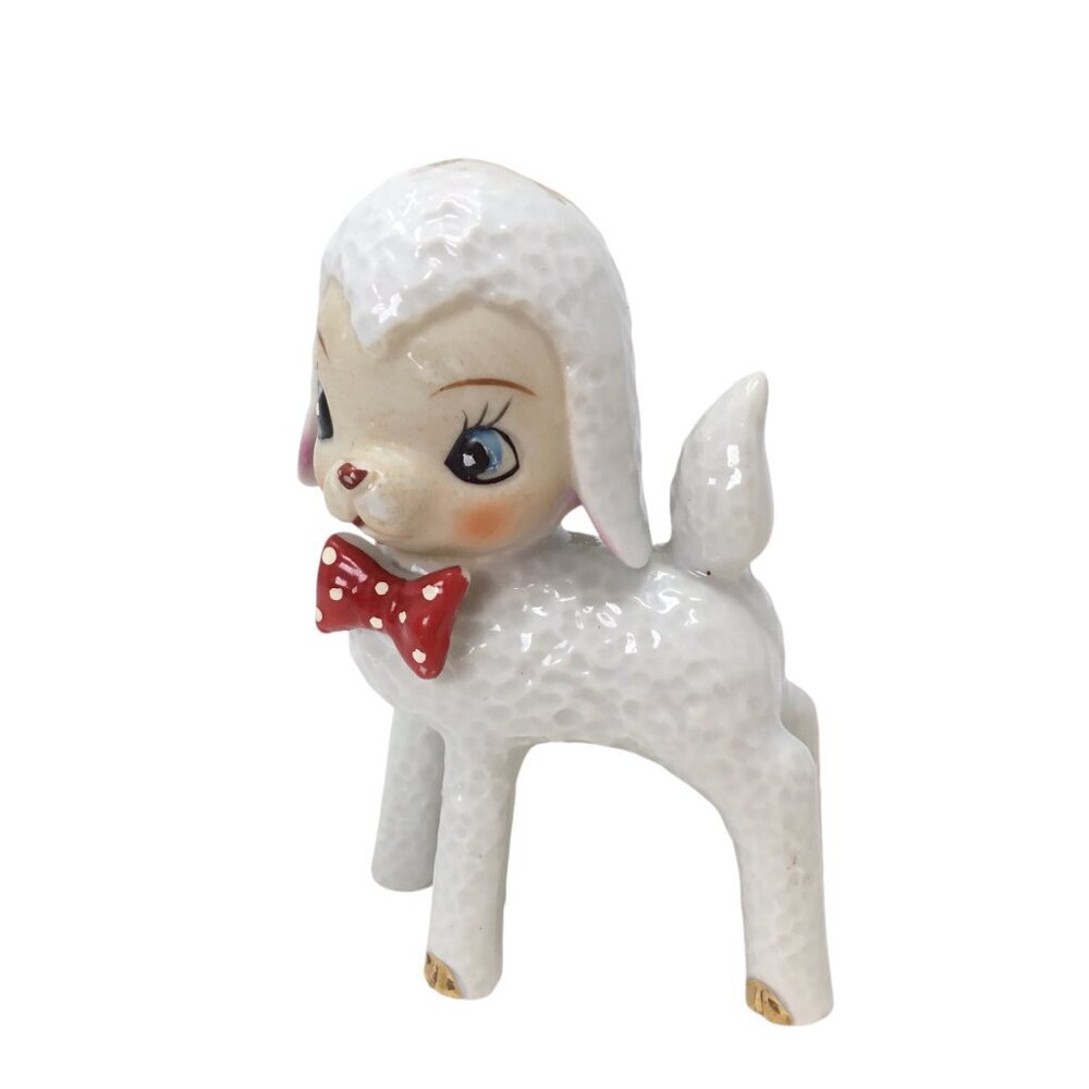 Vintage Athropomorphic White Lamb Red Bow Tie Figure Figurine Japan MCM 50s 60s - Picture 3 of 10